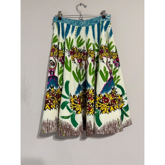 Persaman New York Dresses & Skirts - Persaman New York Novelty Print Sequin Cotton Midi Skirt White Teal Floral Sz 4